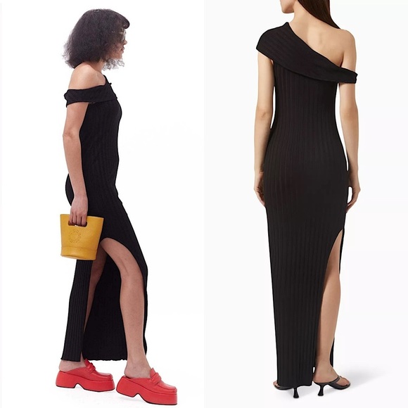 SIMON MILLER Ribbed Knit One Shoulder Sleeveless Bodycon Side Slit Maxi Dress M - Picture 4 of 7